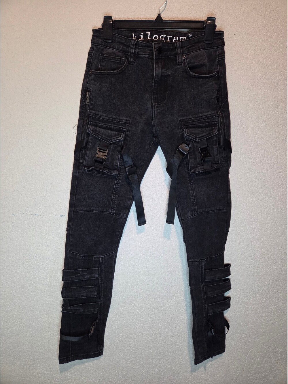 Kilogram Black Cargo Style Denim Pants with Straps, 30
